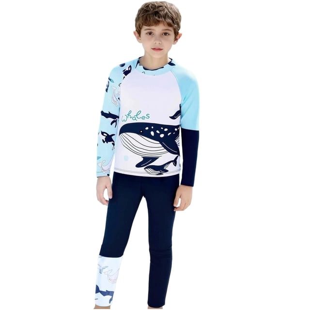 RXMEKW Boys Long Sleeve Swim Shirt and Trunks Set for Kids with UPF 50 Sun Protection, 2-Piece Rash Guard and Swim Shorts for Beach, Pool, and Surfing