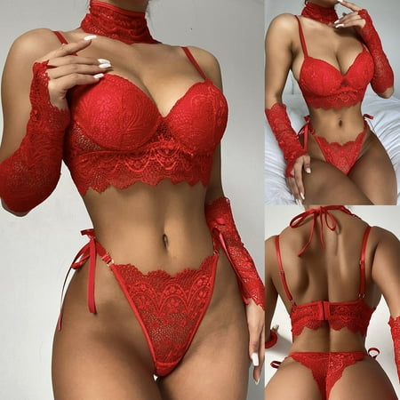 

Rong Yun Ladies Strap Lace Crochet Cutout Teddy Lingerie Embroidery Gauze Underwear Red M