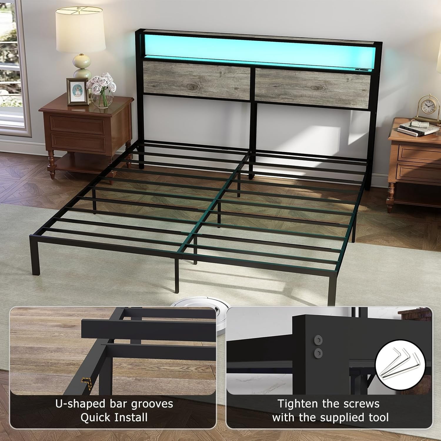 DRNANLIT King Size  Bed Metal Platform Bed Frame with LED Lights Storage Headboard＆Charging Station,Noise Free, Easy Assembly, Rustic Grey