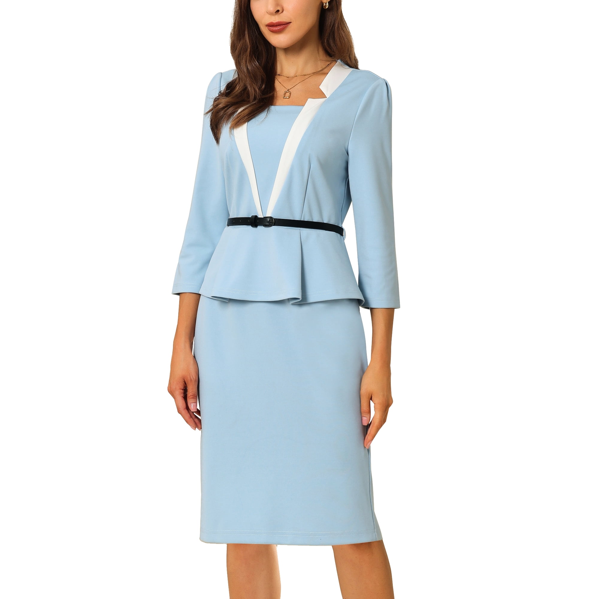 Unique Bargains Women s Sheath Dress Notch Collar Work Peplum Pencil Dresses Light Blue S Walmart