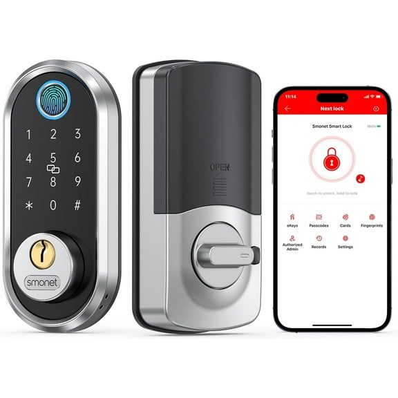 Smart Lock, SMONET Keyless Entry Door Lock, Fingerprint Door Lock, Electronic Keypad Deadbolt with Keys, Biometric Smart Locks for Front Door, Auto Lock, Anti-Peeking Password Silver
