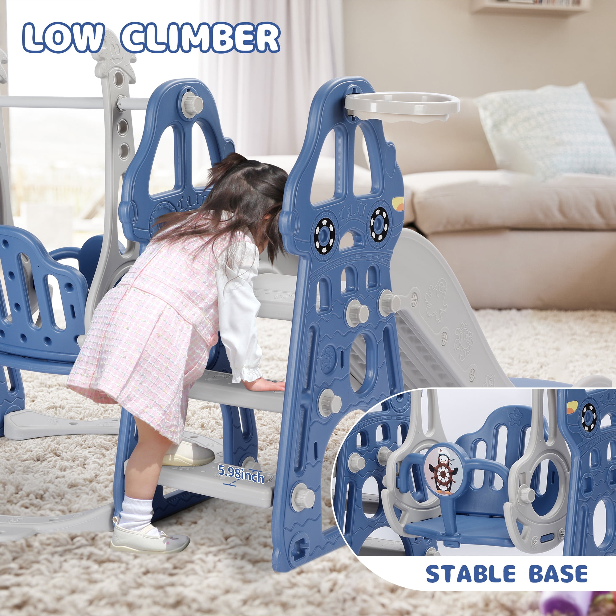 Easoger 4 in 1 Toddler Swing and Slide Unisex Child & Teen Swing Sets, Blue, 110 lb