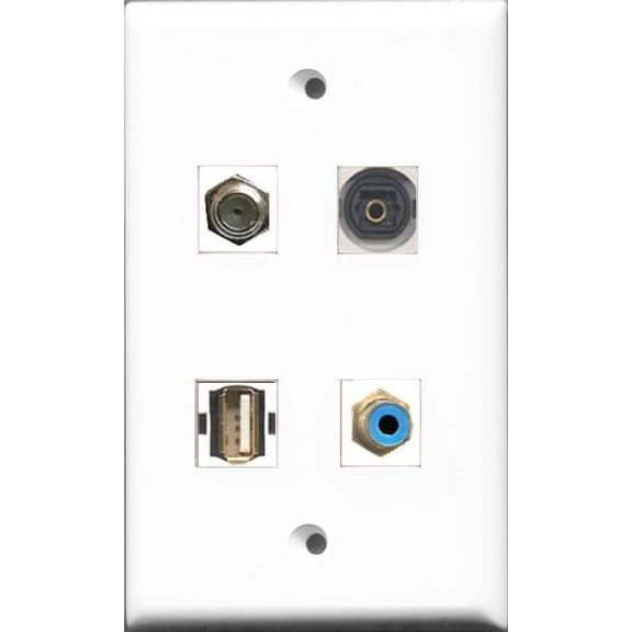RiteAV 1 Port RCA Blue and 1 Port Coax Cable TV- F-Type and 1 Port Shielded Cat6 Ethernet and 1 Port Toslink Wall Plate