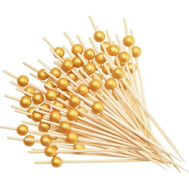GUSTO [200 Count] Cocktail Picks & Food Toothpicks - 4.7 Inch Wooden Pick Skewers for Drinks & Appetizers - Fancy Gold Pearl