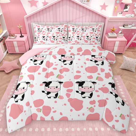 Homewish Kawaii Milk Cow Bedding Comforter Set for Kids, Fashion Pink Cow Print Twin Comforter Sets, Cartoon Strawberry Reversible Bedding Set, Ultra Soft Bedroom Decor, 2 Pieces