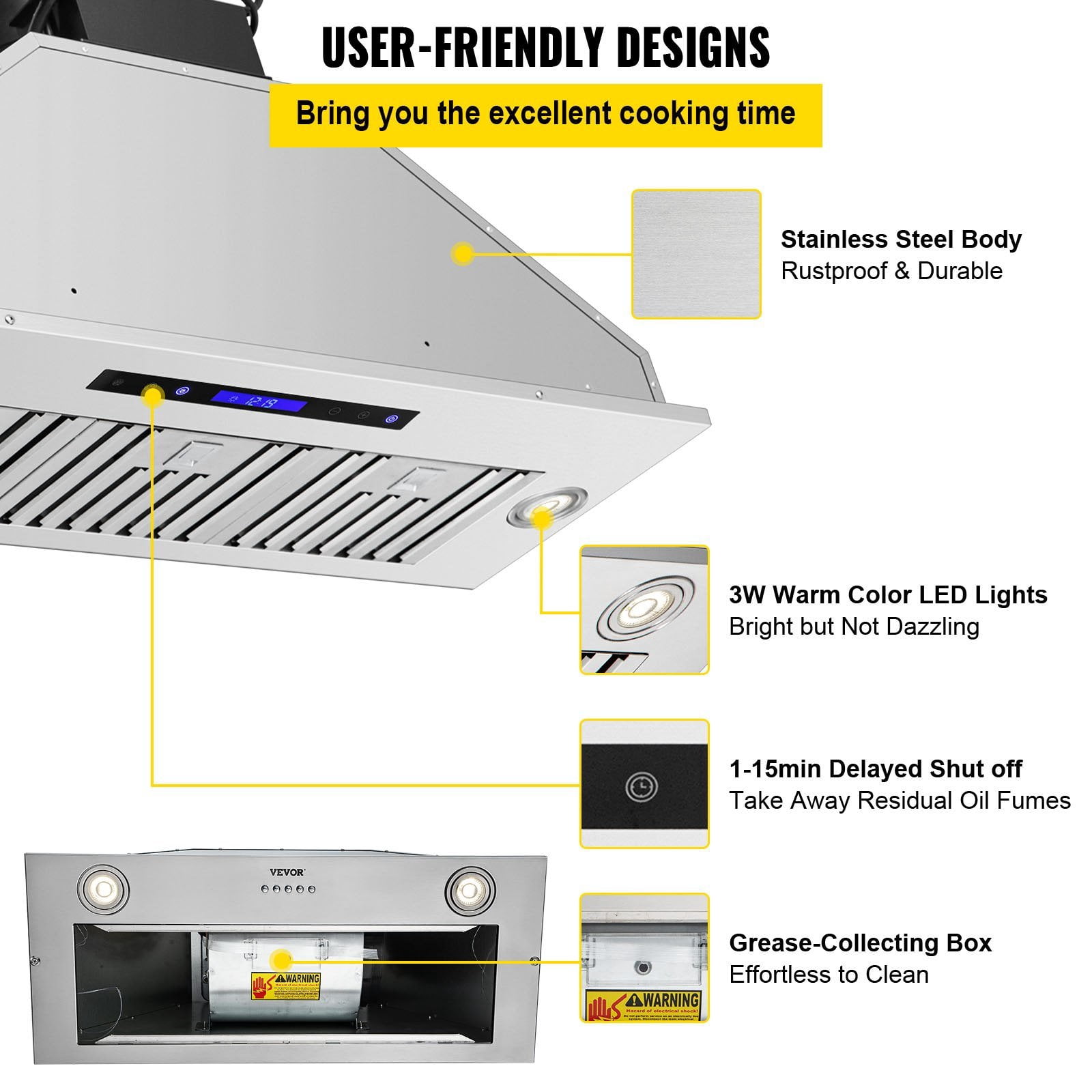 36-Inch 900CFM 4-Speed Built-In Stainless Steel Range Hood with Touch & Remote Control LED Lights Baffle Filters, Ducted/Ductless Convertible, ETL Listed