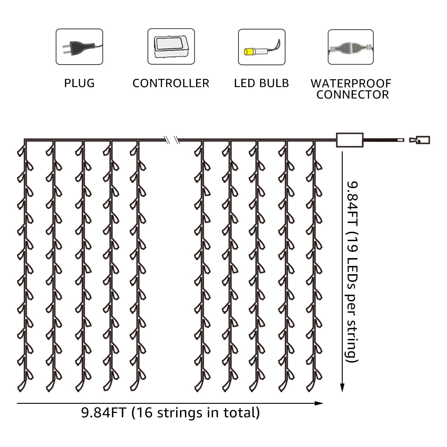 9.8FT × 9.8FT Window Curtain Light, Extendable String Light Kit, 8 Modes Fairy Lights for Party, Wedding, Restaurant, Festival, Hotel, 3000K Warm White