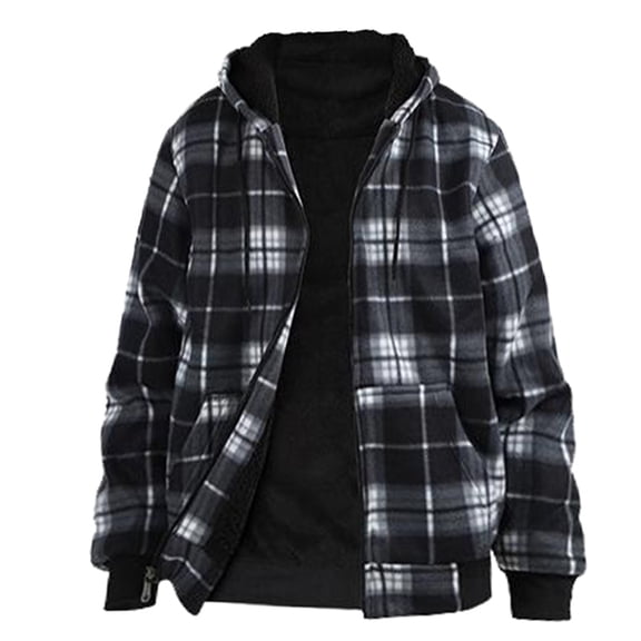 Men's Plaid Shirts Jacket Lined Flannel Shirts Button Down Jackets with Hood for Men Black XXXL