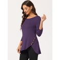 thumbnail image 2 of Blusas de túnica elástica casual con cuello redondo y manga 3/4 para mujer Morado Oscuro S, 2 of 6