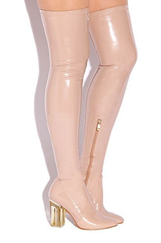 Cape Robbin Fay-2 Over The Knee Stretch Glass Lucite Heel Thigh High Boots 