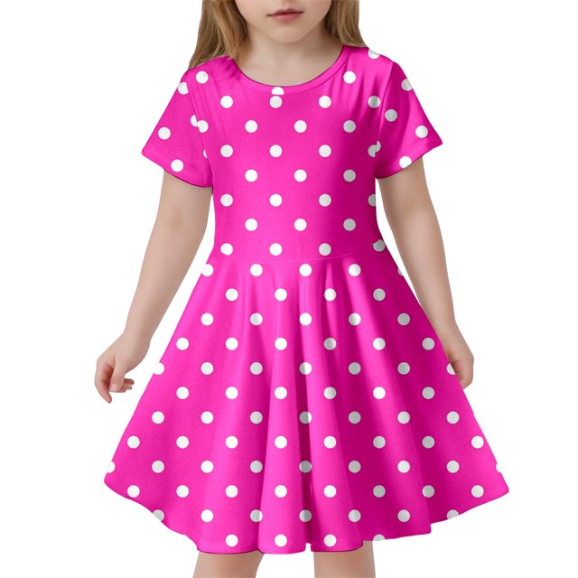 Robes pour Filles Enfant Filles Été Imprimé à Pois Ajusté Doux Respirant à Manches Courtes Robe Décontractée Robes pour Enfants Rose Vif 8 Ans-9 Ans
