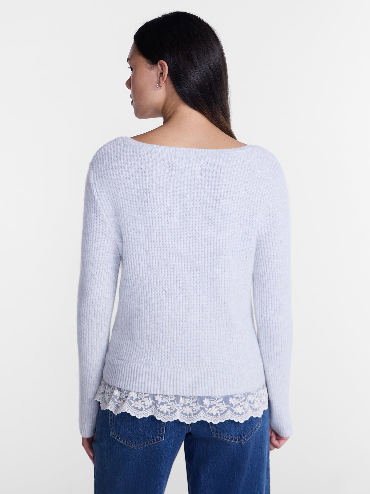 No Boundaries V-Neck Pullover Sweater with Lace Trim, Women's, Sizes XS-XXXL