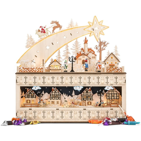 Best Choice Products Wooden Christmas Advent Calendar, Shooting Star w/ Battery-Operated LED Light Background
