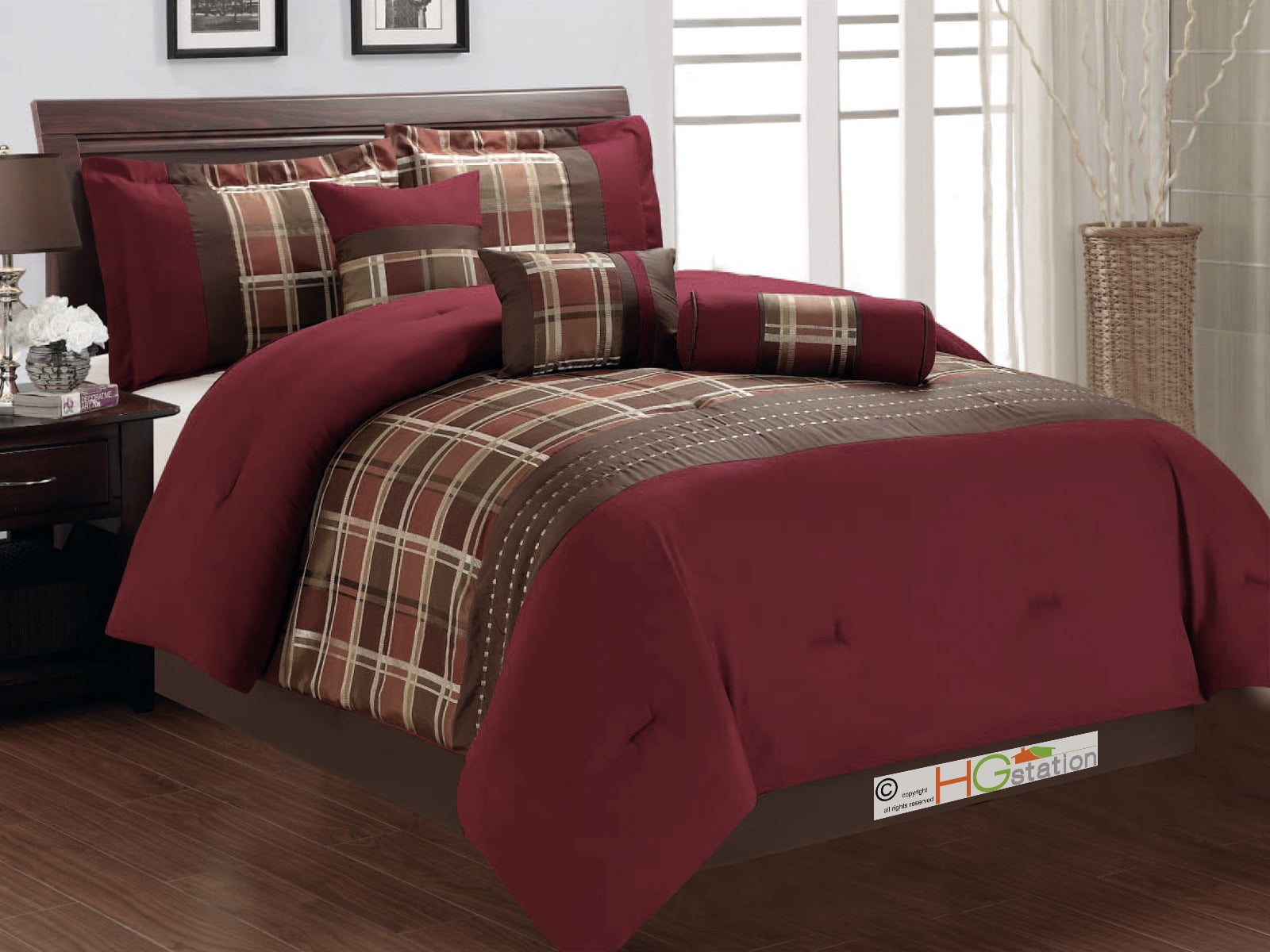 11Pc Jacquard Autumn Plaid Embroidery Comforter Curtain Set Burgundy