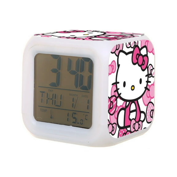 Hello Kitty Digital Alarm Thermometer Night Glow Cube 7 Color Clock LED Changing LCD Display Suitable for Bedroom Children