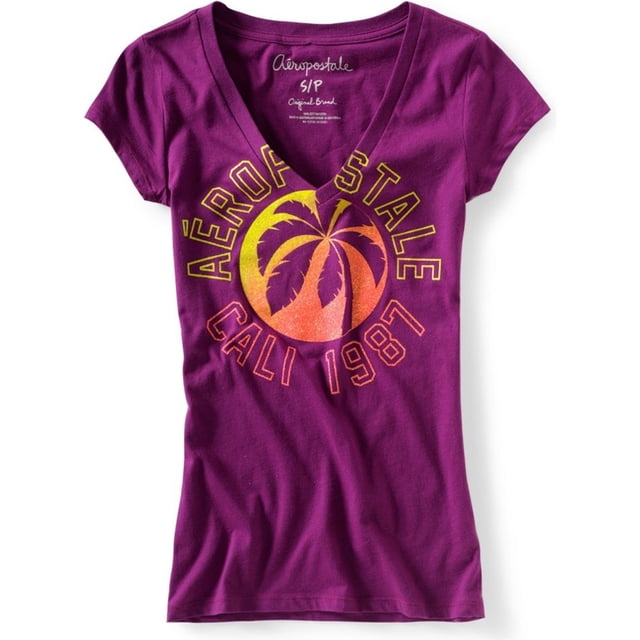 Aeropostale - Camiseta gráfica para mujer con cuello en V brillante Aero Ny 87, morado, XS
