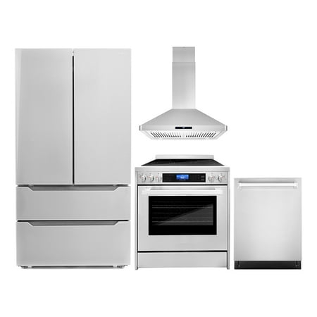 Cosmo 4 Piece Kitchen Appliance Packages with 30  Freestanding Dual Fuel Range 30  Island Range Hood 24  Built-in Integrated Dishwasher & French Door Refrigerator Kitchen Appliance Bundles