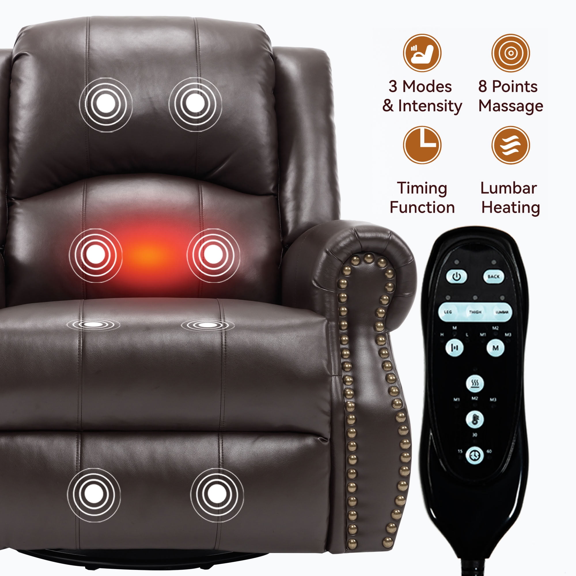 MAYEERTY 360 Degree Swivel Rocker Recliner Chair, Leather Manual Recline Glider Armchair with 8-Point Vibration Massage & Lumbar Heat, 350 LBS Capacity for Living Room Home Theater