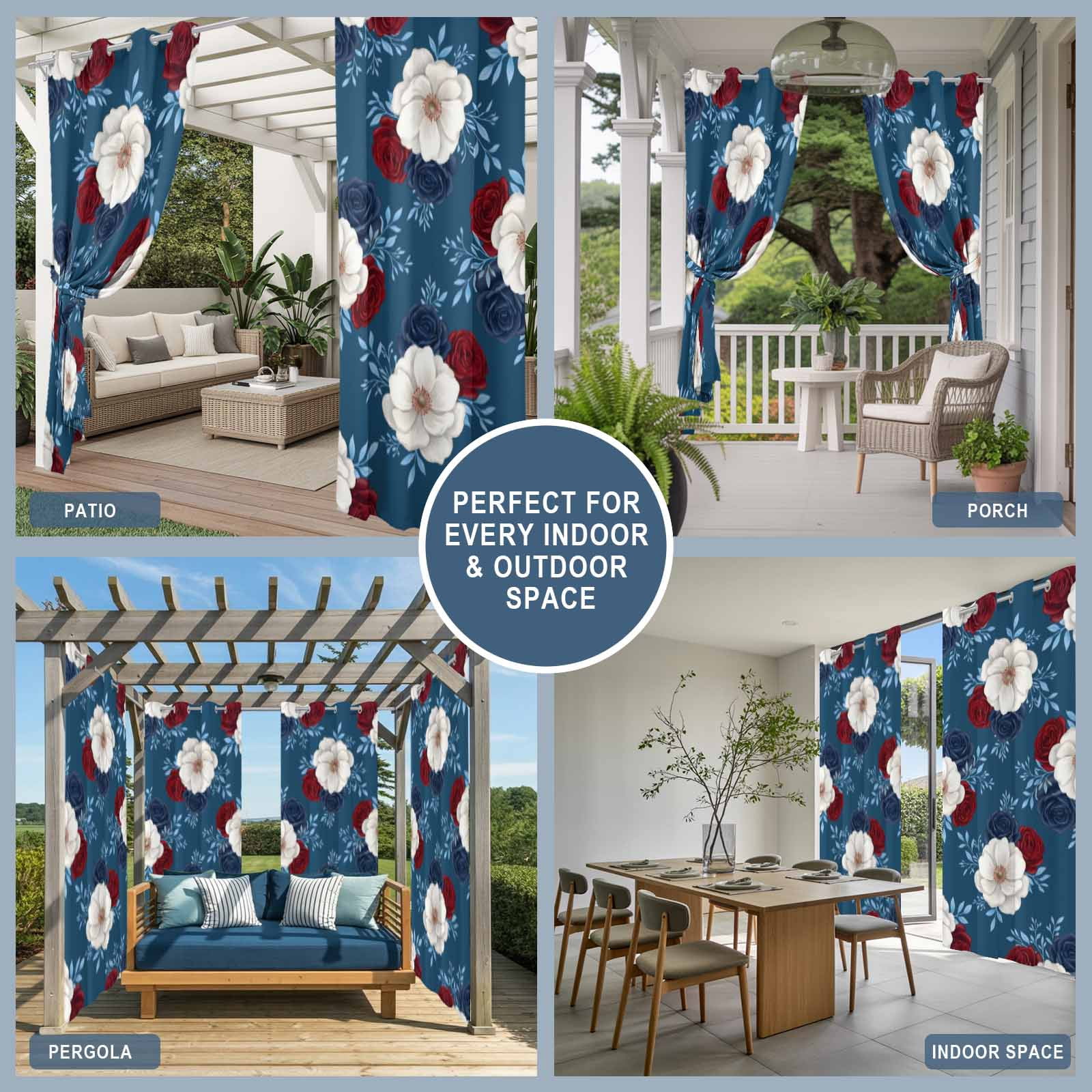 Independence Day Outdoor Curtains for Patio, Red Blue White Roses Floral Leaf Blue Sunshade Privacy Drapes Grommet Waterproof Outside Curtains for Porch/Cabana/Balcony 54"x 95", 1 Panel
