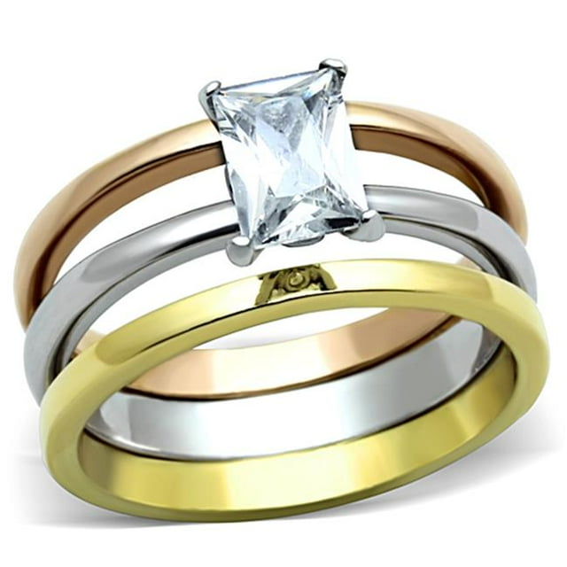 Bague en Acier Inoxydable Trois Tons IP pour Femmes avec Grade AAA CZ en Transparent - Taille 6
