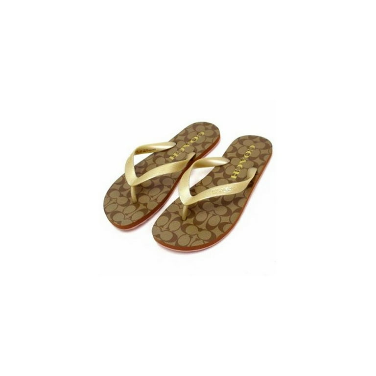 Coach Zak Flip Flop, Khaki/Gold, Size 7, Printed Canvas