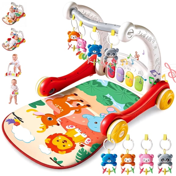 Caunedy 2 in 1 Baby Gym with Walker,Toddler Play Mat with Double-Sided Multifunctional Removable Play Piano Panel,Infants Tummy Time Mat,Educational Sensory Toys Gifts for Kids 0-24 Months