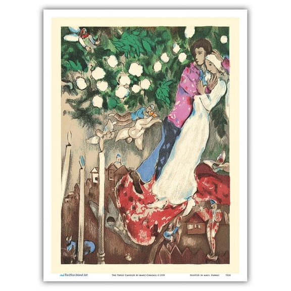 The Three Candles - Floating Angels - From an Original Color Painting by Marc Chagall c.1939 - Master Art Print (Unframed) 9in x 12in