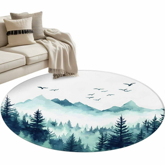Turquoise Forest Round Area Rug 4 FT, Non Slip Indoor Outdoor Rug, Mountains Birds Fog Tree Scenery Washable Soft Circular Carpet Non-Shedding Floor Mat for Coffee Table Nursery Foyer Balcony