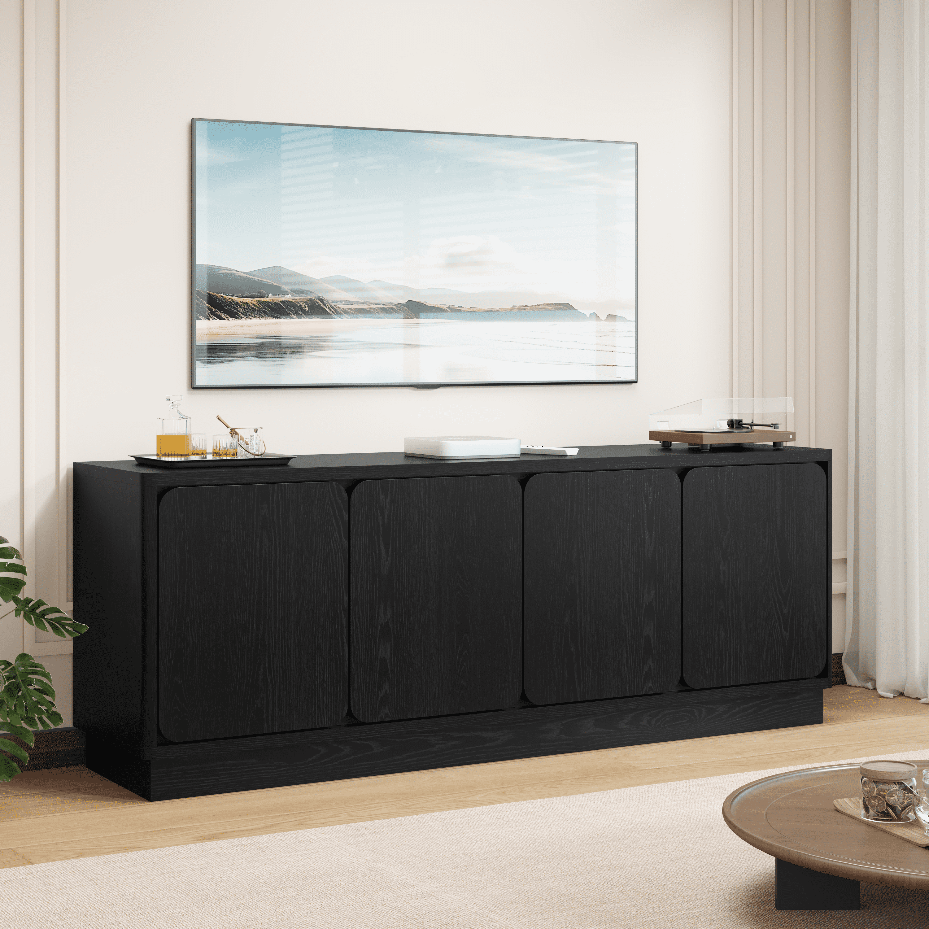 Mintazer 63'' TV Stand with 4 Storage Doors, Low Profile Storage Media Console Table with Cable Holes for Living Room, Kitchen, Bedroom & Entryway, Black