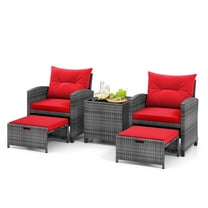 Gymax 5PCS Outdoor Rattan Furniture w/ 2 Ottomans & Tempered Glass Coffee Table Red