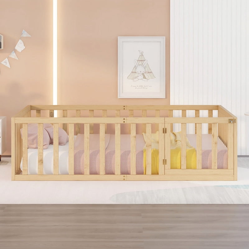 Full Size Wood Floor Bed with Door & Fence, Montessori Bed Frame with Full Length Safety Guardrails, Wood Full Bed with Slats, No Box Spring Needed- Natural