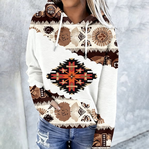 YueHuiYing Women's Geometric Print Hoodie Pullover Cowgirl Ethnic Rhombus Printed Hooded Winter Sweatshirt