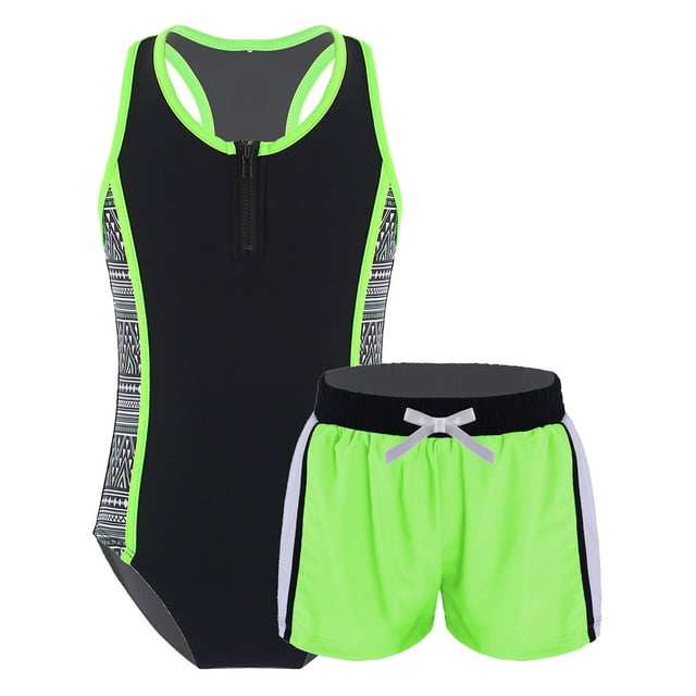 dPois Kids Girls 2Pcs Swimsuit Tankini Boho Print Racerback Bodysuit with Bootyshorts Bathing Suit Fluorescent Green 10