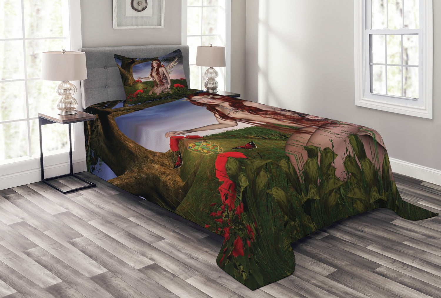 Fantasy Bedspread Set, Redhead Fairy with Wings Holding a Butterfly ...