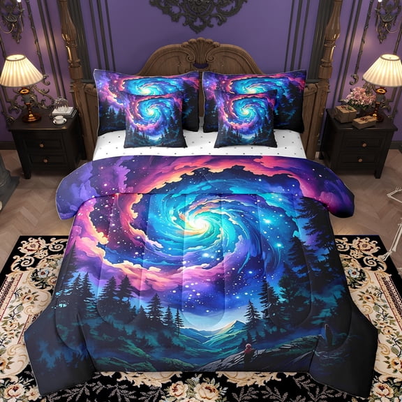 Homewish Dreamy Watercolor Aurora 7-Piece Twin Bedding Sets,Natural Scenery Bedding Comforter Set,Tropical Plant Pine Tree Sheet Sets For Girls Kids,Super Cozy Room Decor Reversible
