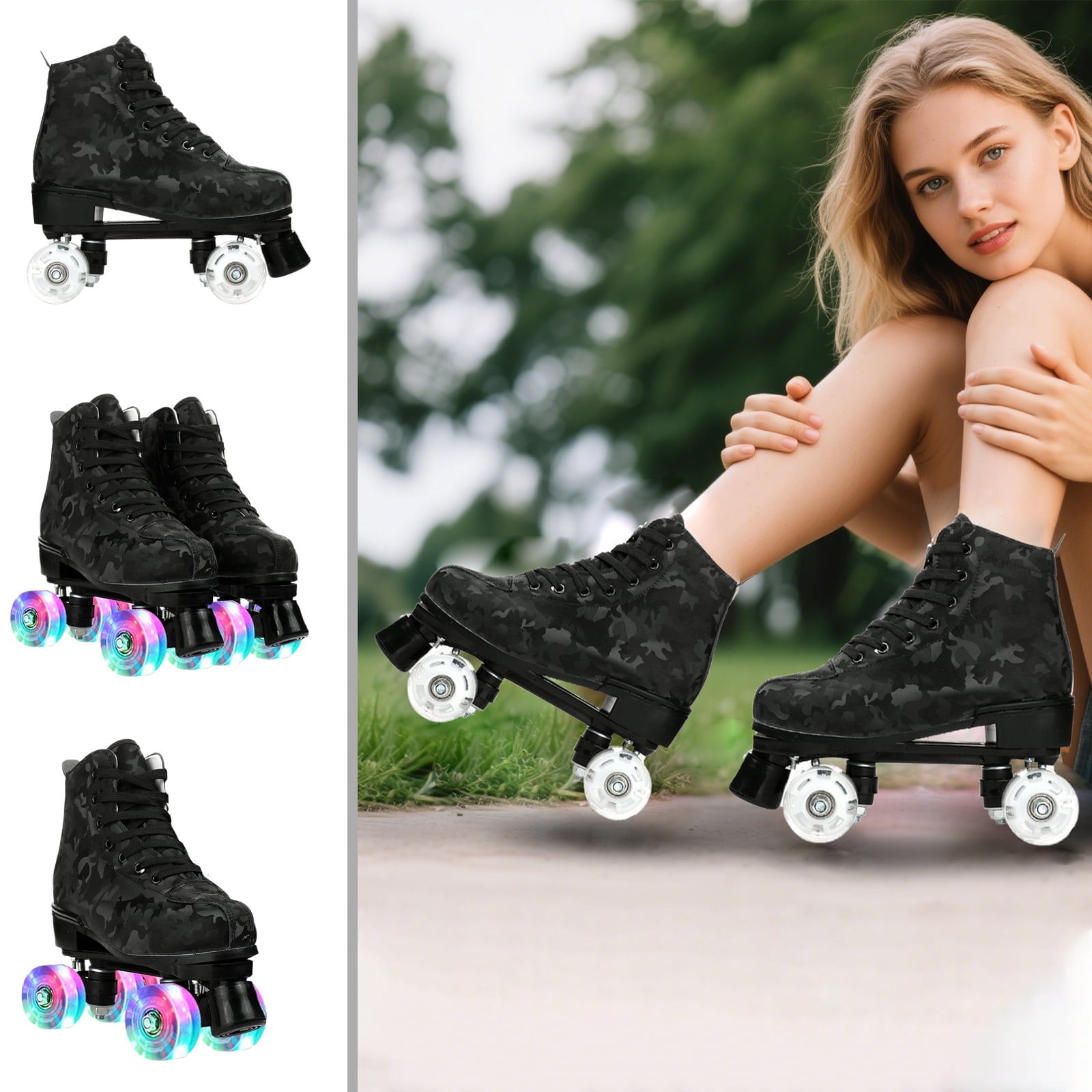 SHIBAILI Light up Roller Skates for Woman, Black Camo Color,Free Skate(8.5)