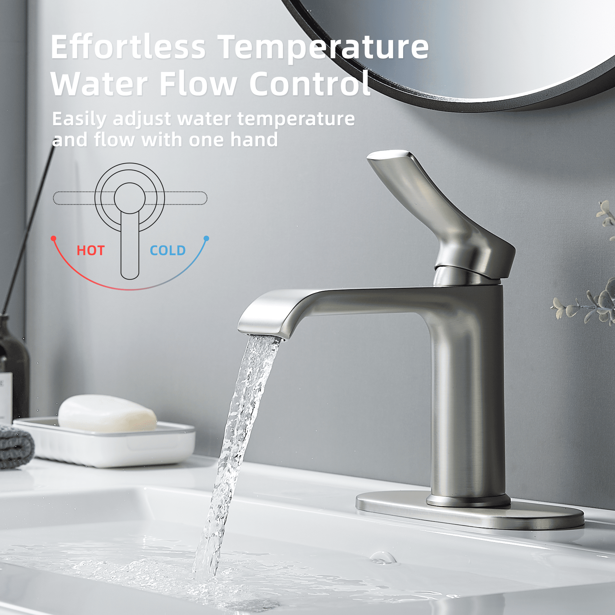 BELZ Bathroom Faucet Modern Waterfall Bathroom Sink Faucet with Single Handle with Pop Up Drain and Deck Plate Suitable for 1 or 3 Holes, Brushed nickel