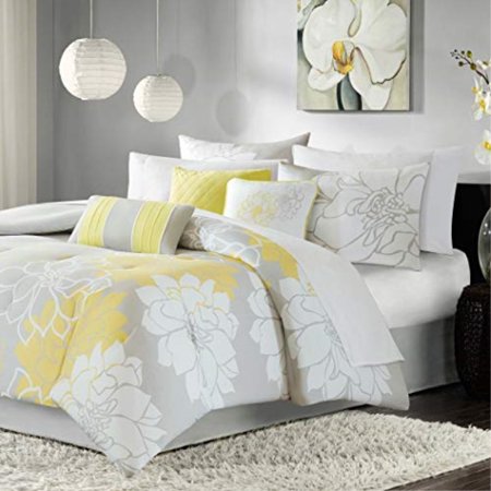 dp 7pc yellow floral queen size comforter set, cotton polyester, grey vibrant flowers nature, gray lily spring flower theme sleek modern shabby chic gorgeous bedding