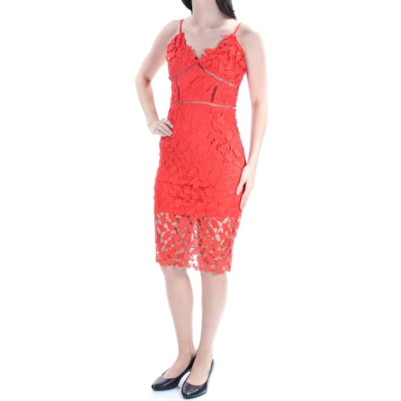 BAR III Womens Red Lace Eyelet V Neck Knee Length Body Con Cocktail Dress S