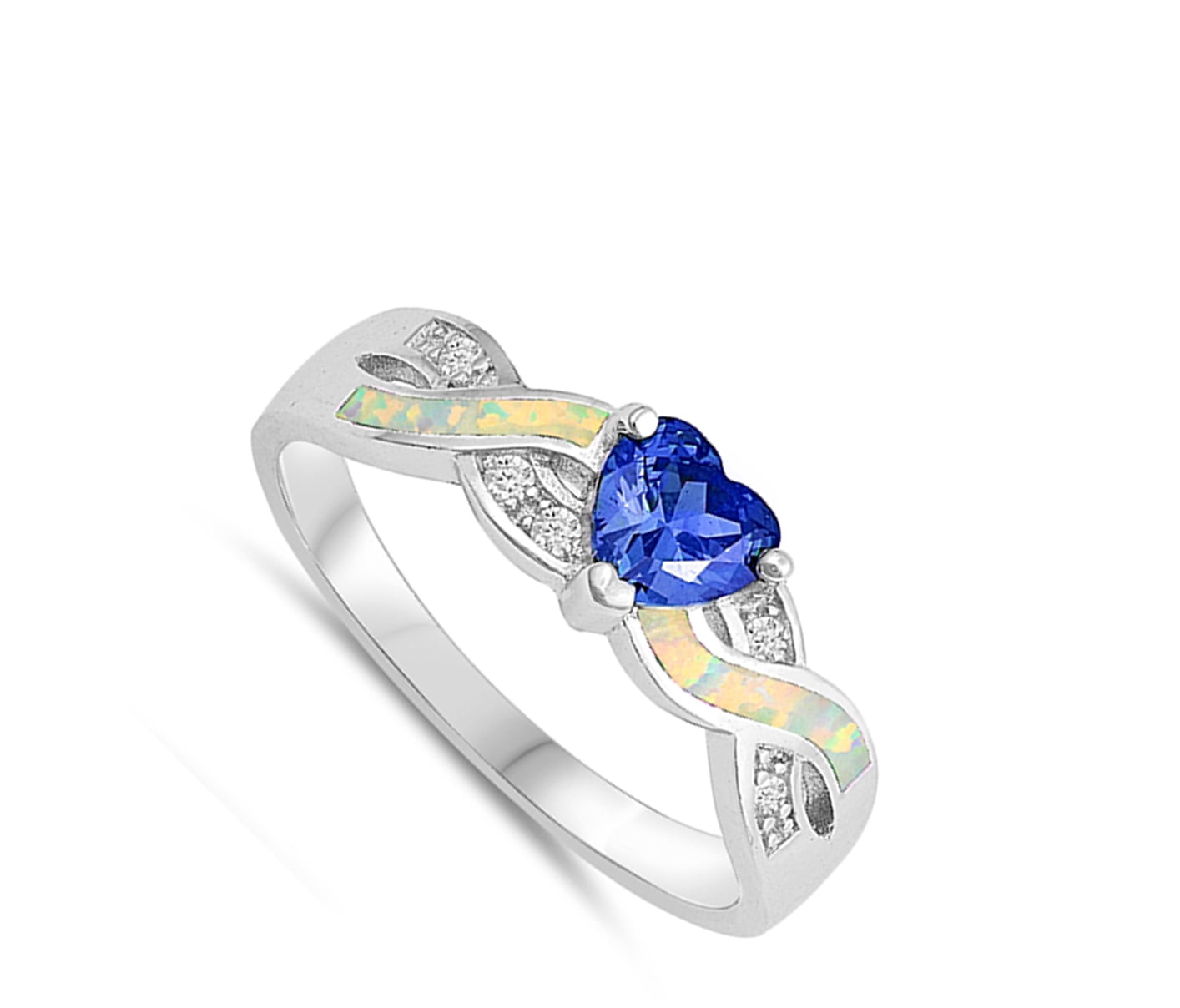 Blue Sapphire CZ White Lab Opal Heart Infinity Sterling Silver Ring Sizes 4-10