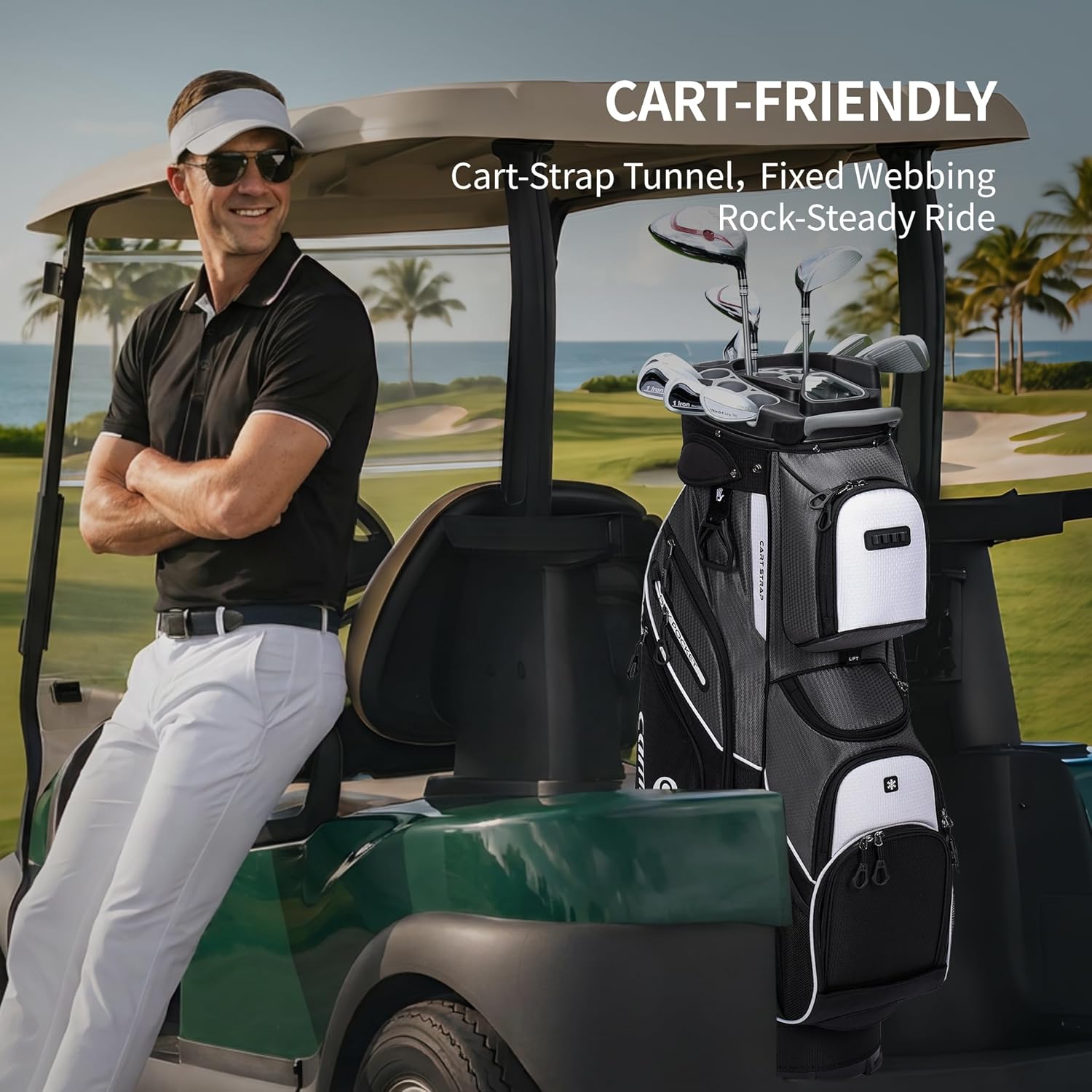 Silent Golf Cart Bag, Molded Lock Top Bag with 14-Way Full-Length Dividers Large Capacity Cooler Pocket Padded Strap Golf Club Bag with Rain Hood for Trolley Players,Grey