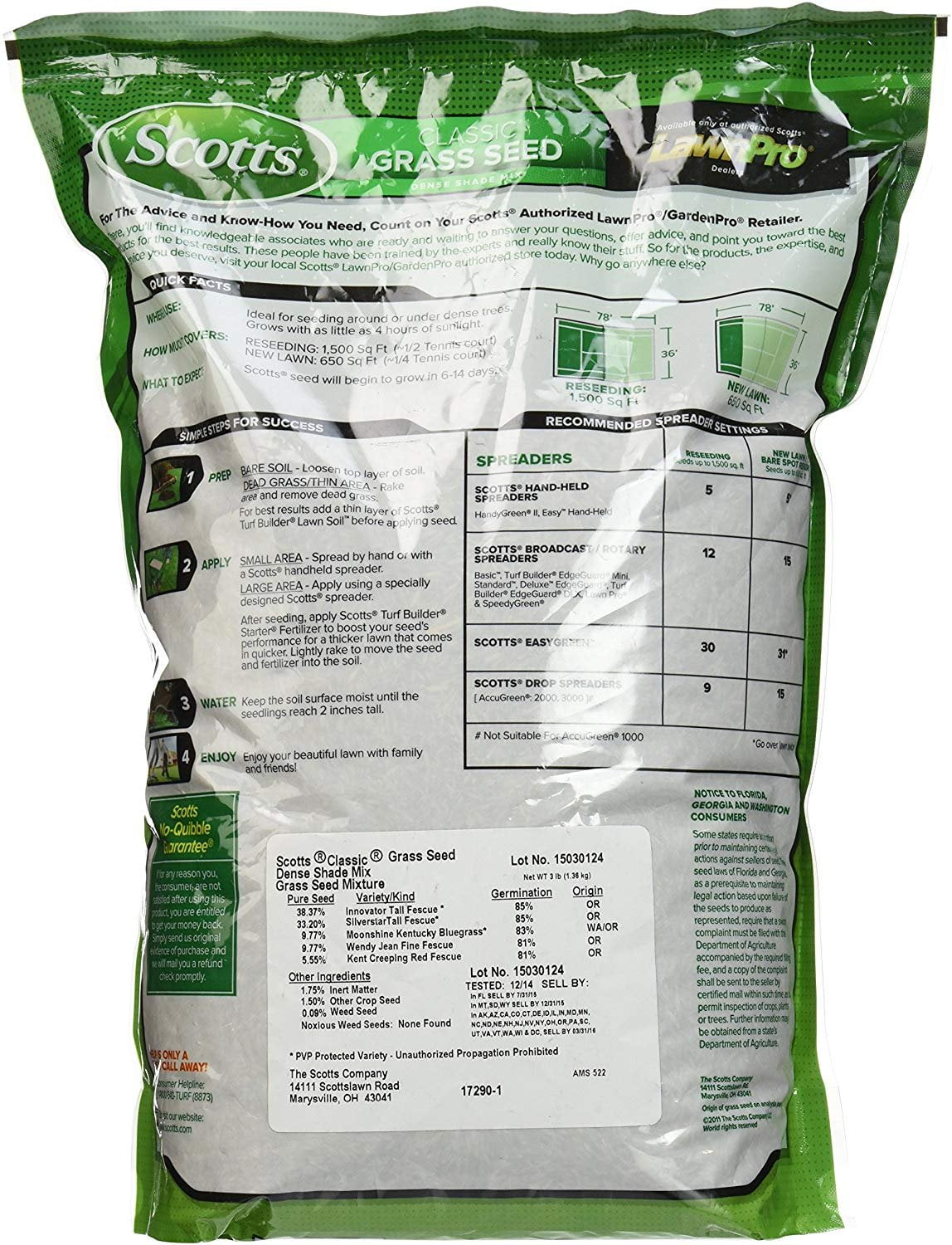 Scotts Company 17290 Classic Dense Shade Mix Grass Seed, 3-Pound