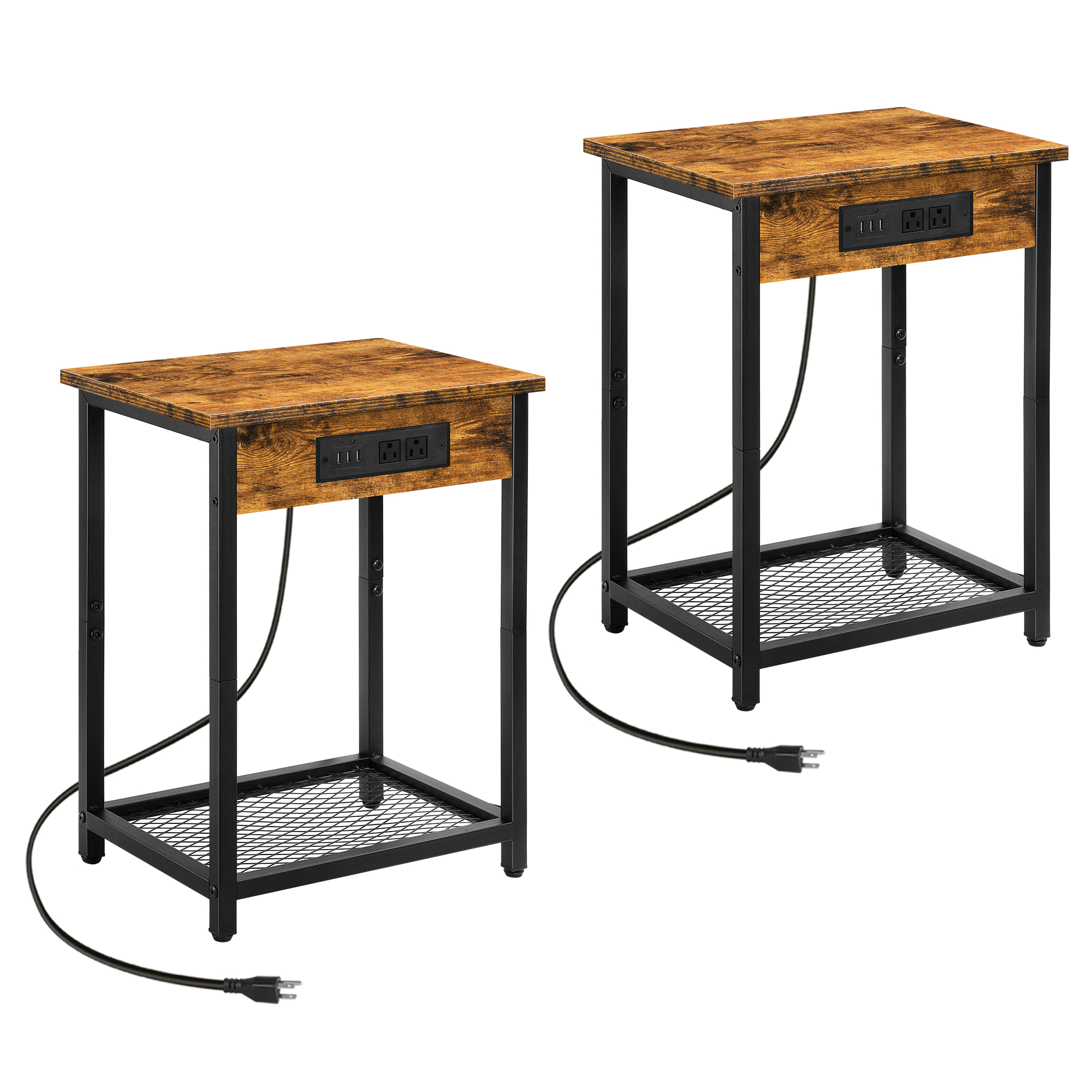 Oumilen Adult Nightstand End Table with Charging Station Rustic Brown, Set of 2