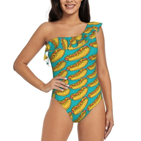 Zufioo Hot Dogs 8 Print One-shoulder Ruffled One-piece Swimsuit  High Elastic Integrated Removable Chest Pad Swimsuit Suitable for Beach  Pool and Vacation-X-Large