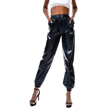 

Yejaeka Women Metallic Shiny High Waist Elastic Elastic Trousers Streetwear