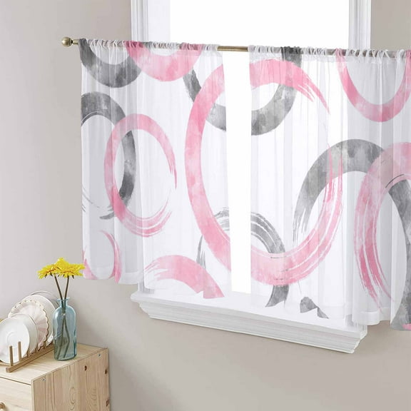 Pink Grey Semi Sheer Curtains 54 Inch Length 2 Panels Set, Geometric Circle Modern Abstract Simple Art Sheer Kitchen Curtain Privacy Voile Window Curtain for Living Room Bedroom Rod Pocket Drapes