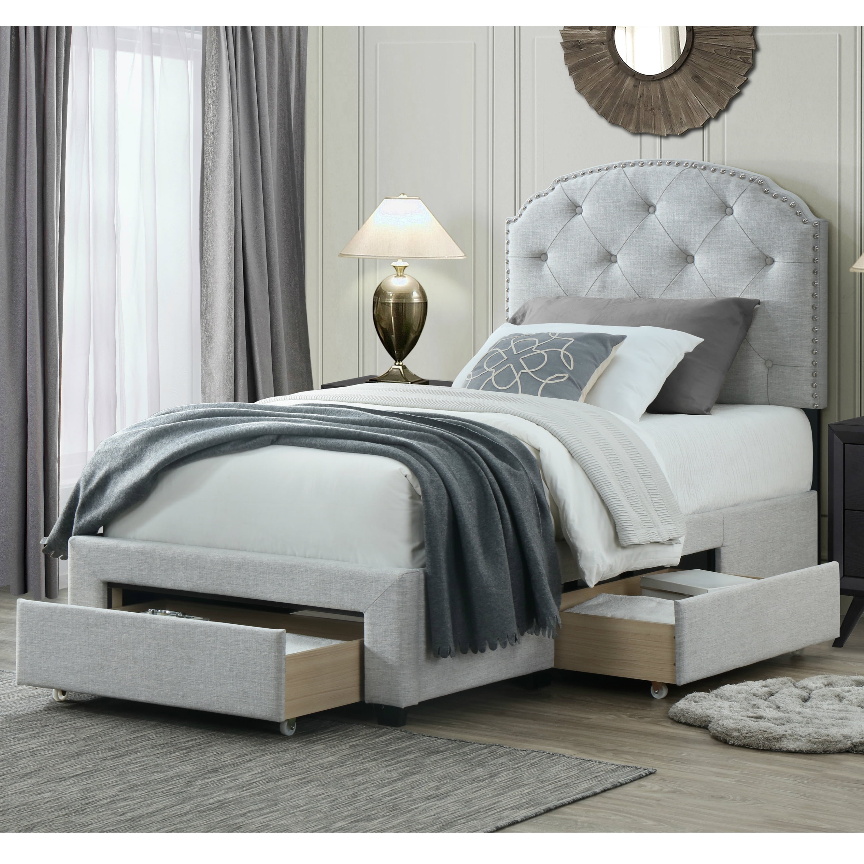 DG Casa Argo Tufted Upholstered Panel Bed Frame with Storage Drawers