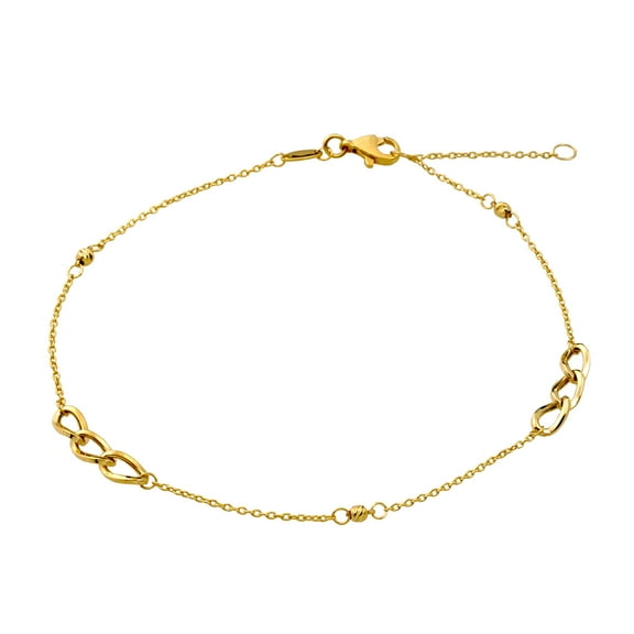 LoveBling 10K Yellow Gold .5mm Diamond Cut Beads and Curb Link Anklet (#70)