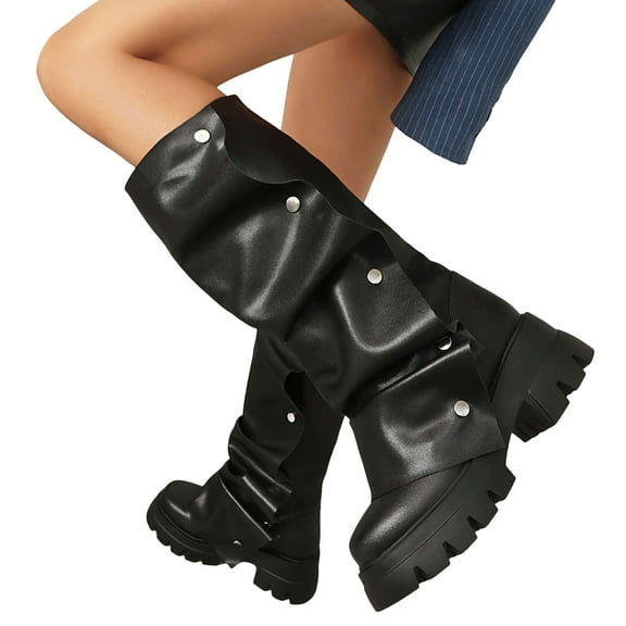Womens Platform Slouch Fold over Boots Fashion Camo Studded Leather Chunky Heeled Mid Calf Combat Tall Boots