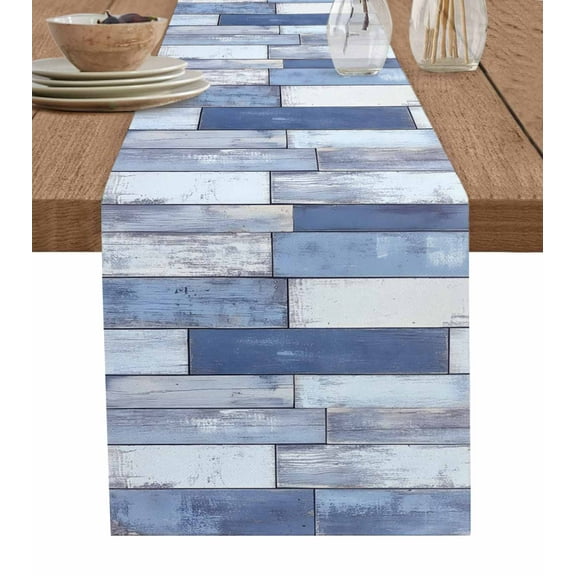 Blue Beige Wooden Table Runner Cotton Linen 36 Inch Holiday Dresser Scarves, Farmhouse Vintage Country Striped Tablerunner for Kitchen Coffee Dining Bedroom Living Room Dinner Scarf Décor 13''x36''